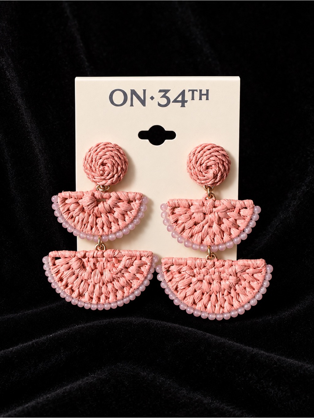 On 34th Pink Braided Double Drop Earrings with Bead Edge